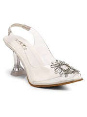 GNIST Square Embellished White Pointed Stilettos
